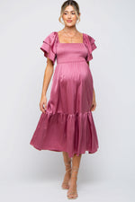 Mauve Satin Flutter Sleeve Maternity Midi Dress - Beauty, Dress, Day Dress, One-piece garment, Ruffle | Everetts Place