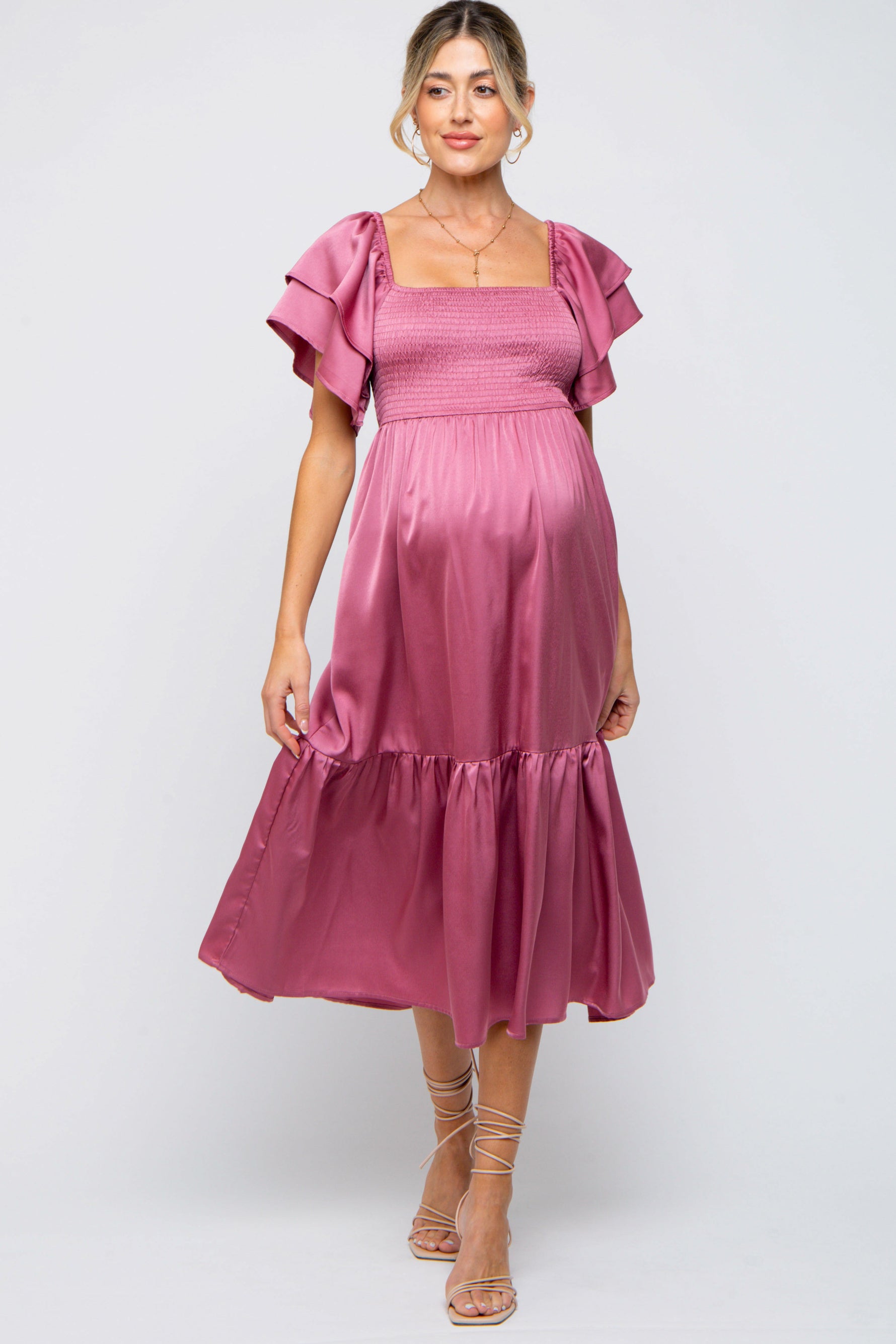 Mauve Satin Flutter Sleeve Maternity Midi Dress - Beauty, Dress, Day Dress, One-piece garment, Ruffle | Everetts Place