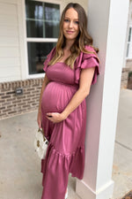 Mauve Satin Flutter Sleeve Maternity Midi Dress by PinkBlush at Everetts Place