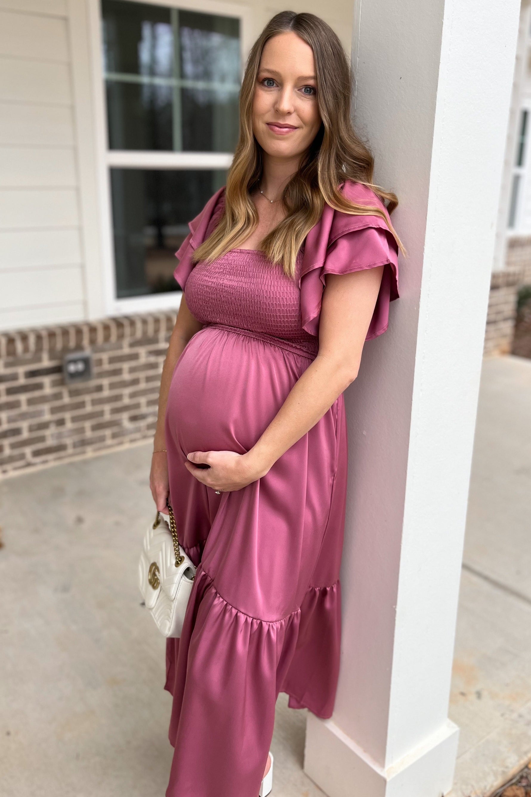 Mauve Satin Flutter Sleeve Maternity Midi Dress by PinkBlush at Everetts Place