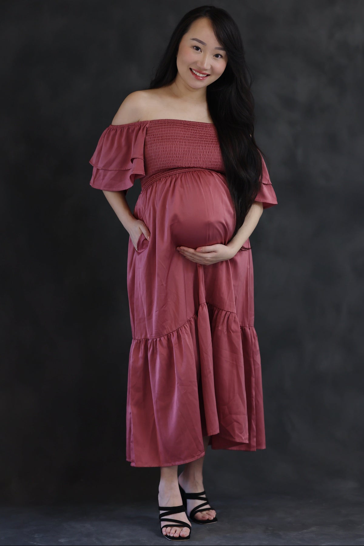 Mauve Satin Flutter Sleeve Maternity Midi Dress by PinkBlush at Everetts Place