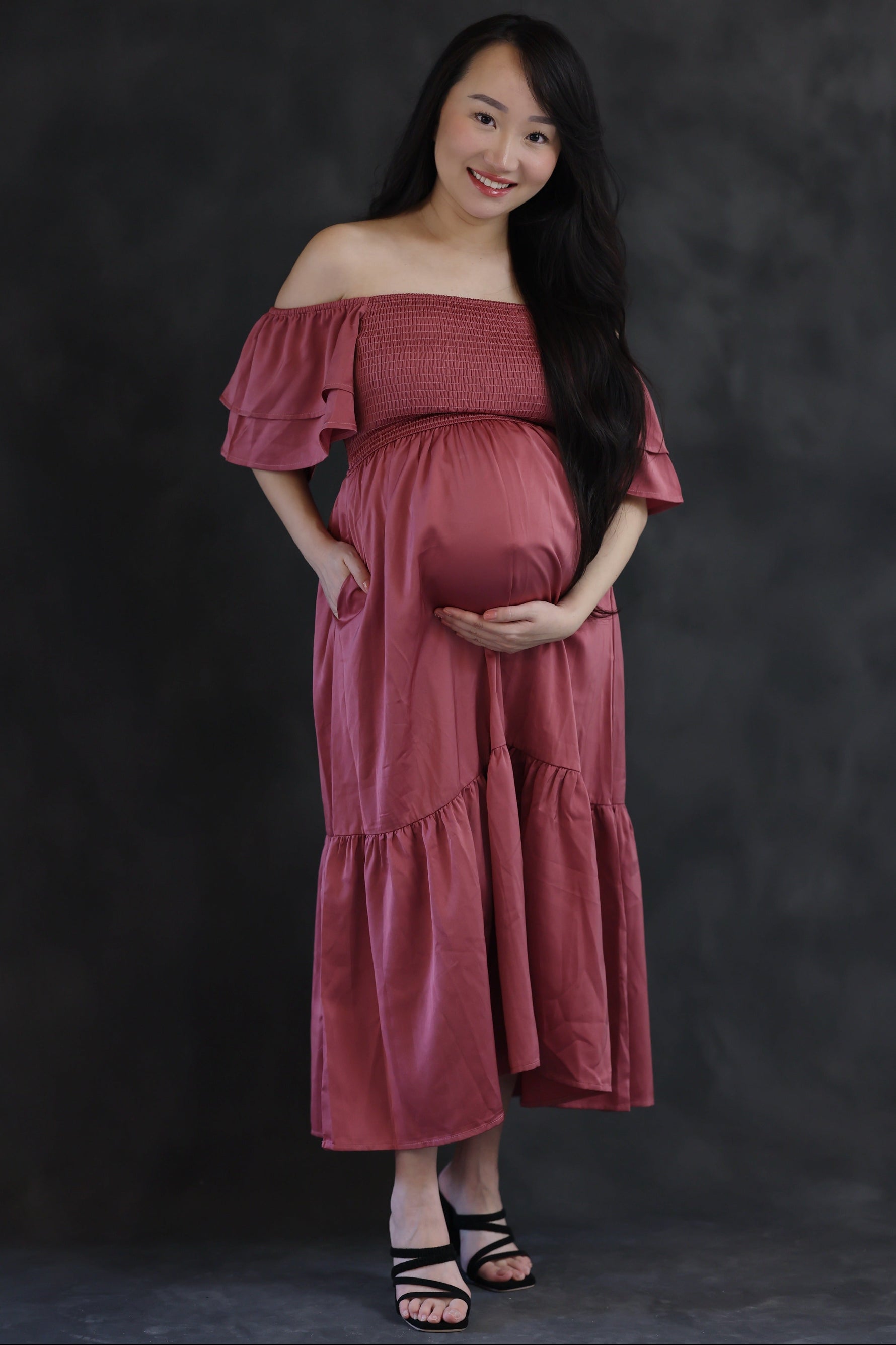 Mauve Satin Flutter Sleeve Maternity Midi Dress by PinkBlush at Everetts Place