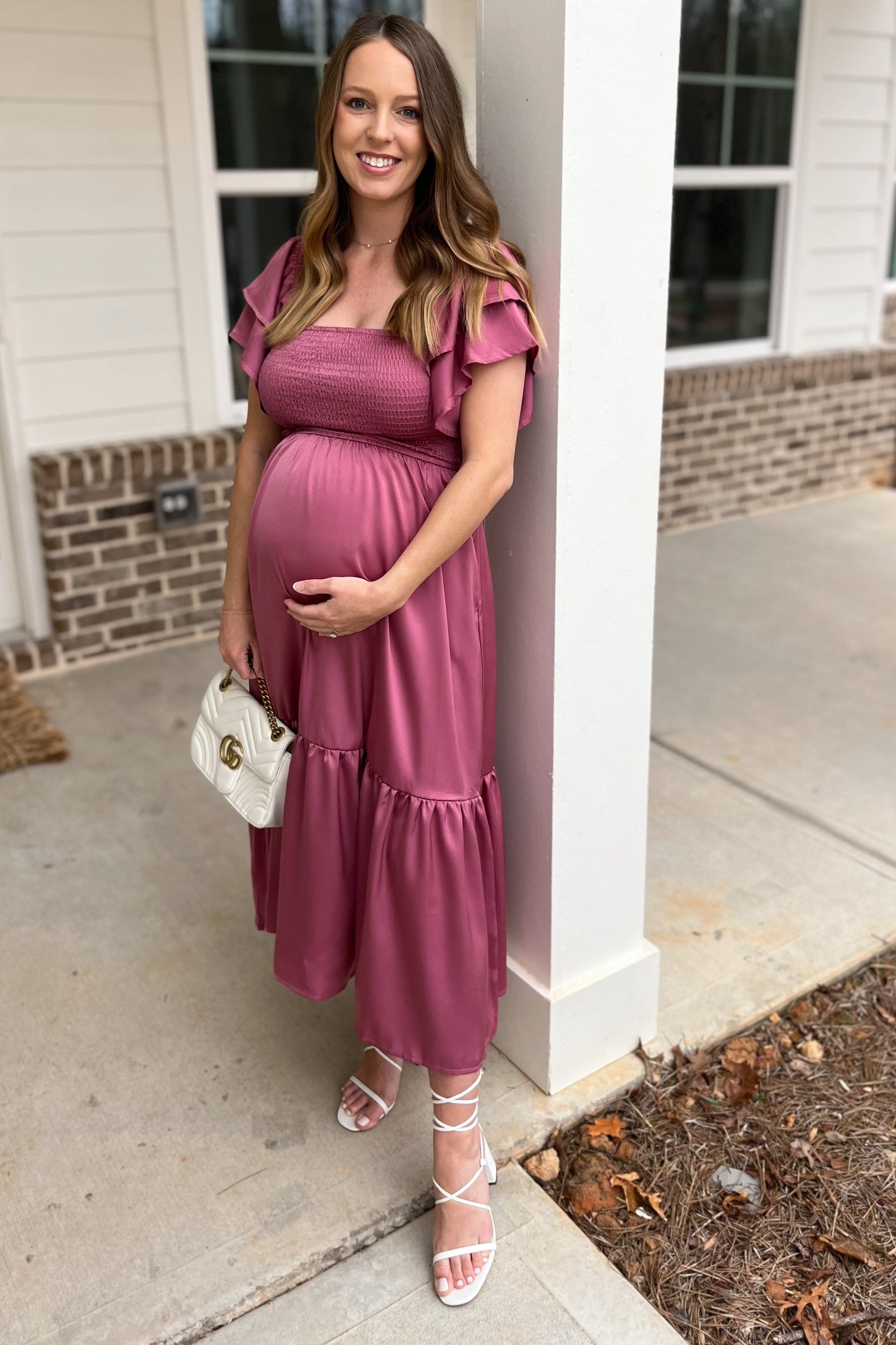 Mauve Satin Flutter Sleeve Maternity Midi Dress by PinkBlush at Everetts Place