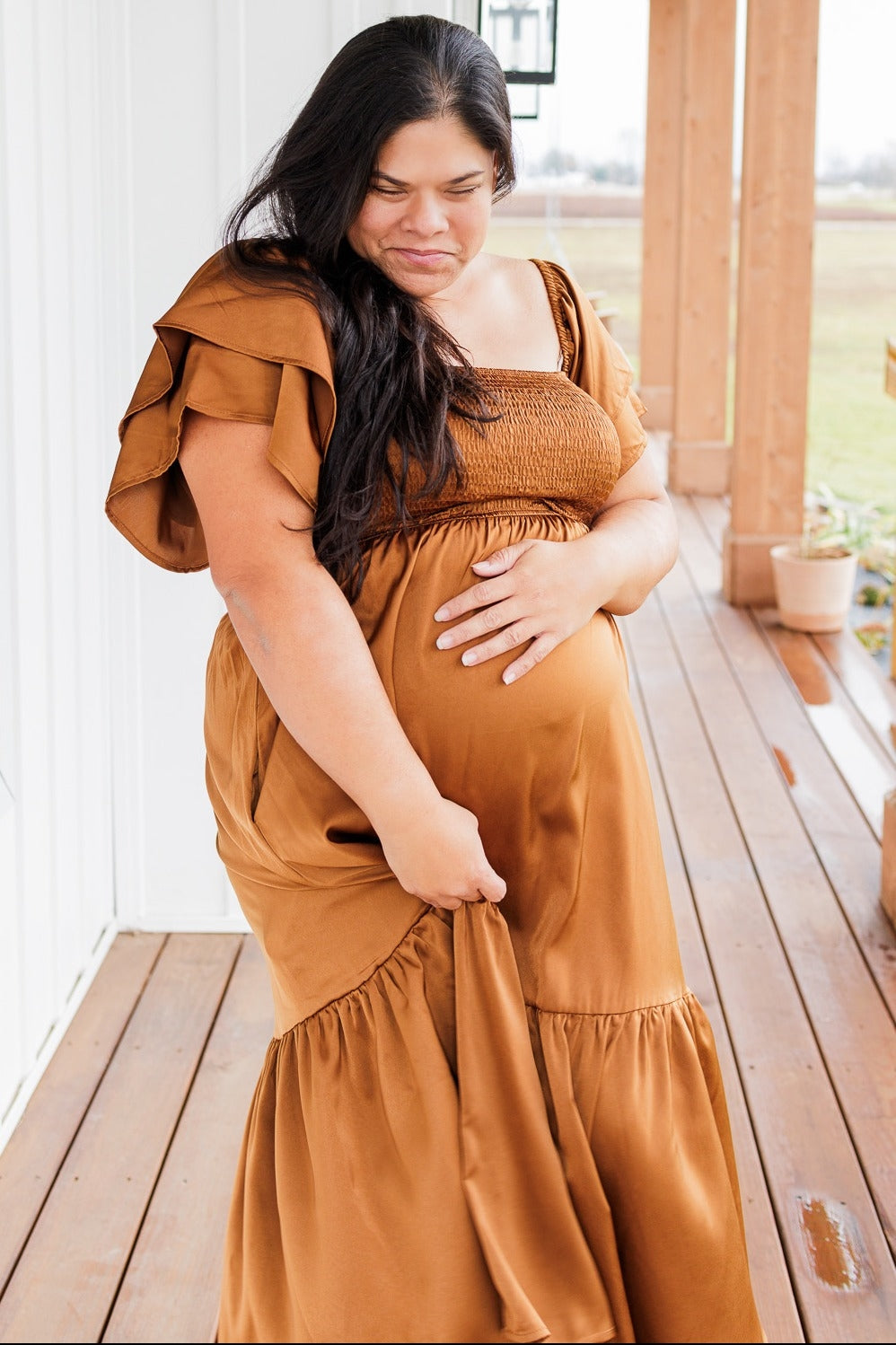 Satin Flutter Sleeve Maternity Midi Dress - Camel
