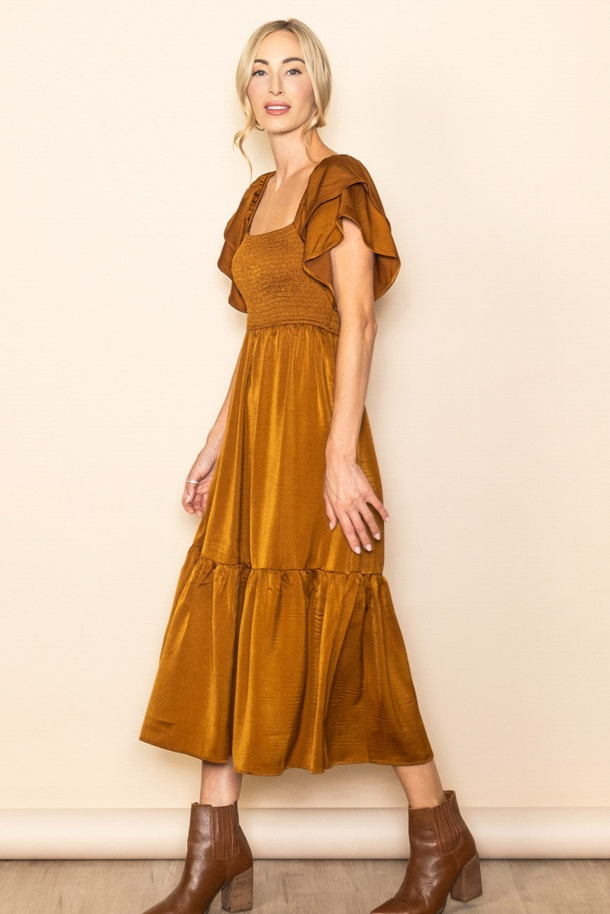 Satin Flutter Sleeve Midi Dress - Camel