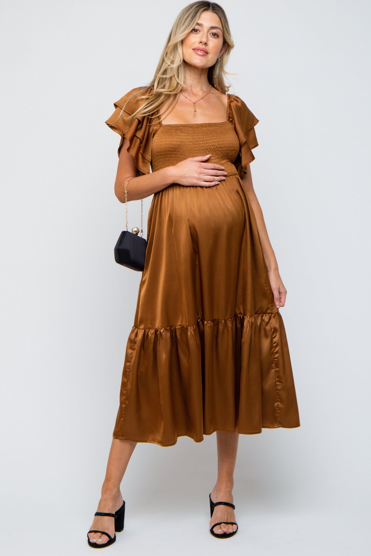 Camel satin maternity midi dress with flutter sleeves, square neckline and ruffle hem on a model