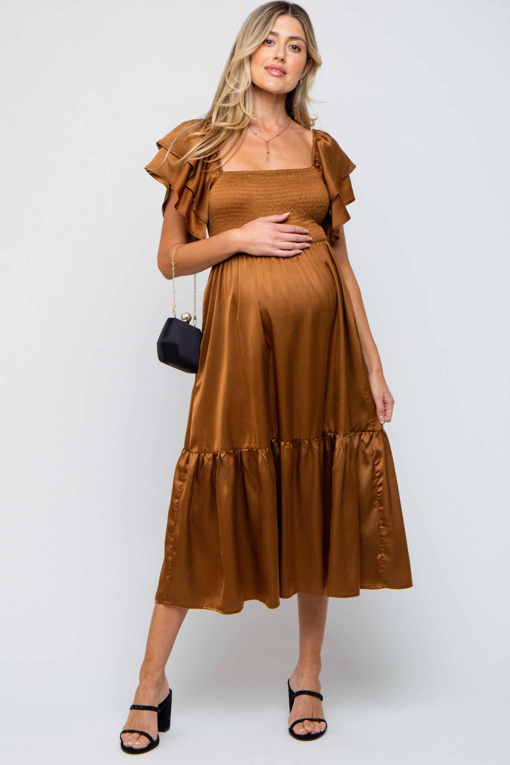 Camel satin maternity midi dress with flutter sleeves, square neckline and ruffle hem on a model