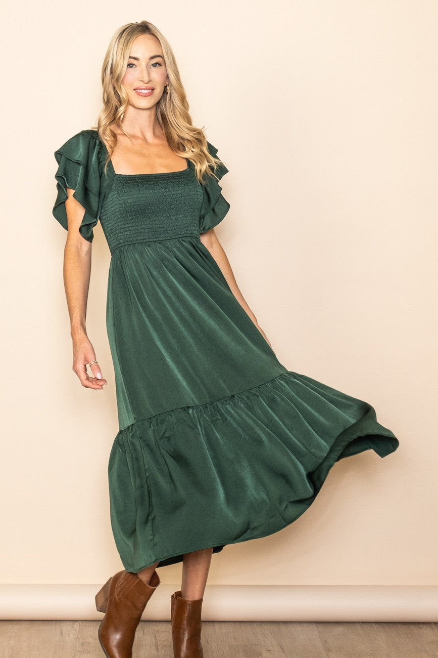 Forest Green Satin Flutter Sleeve Maternity Midi Dress by PinkBlush