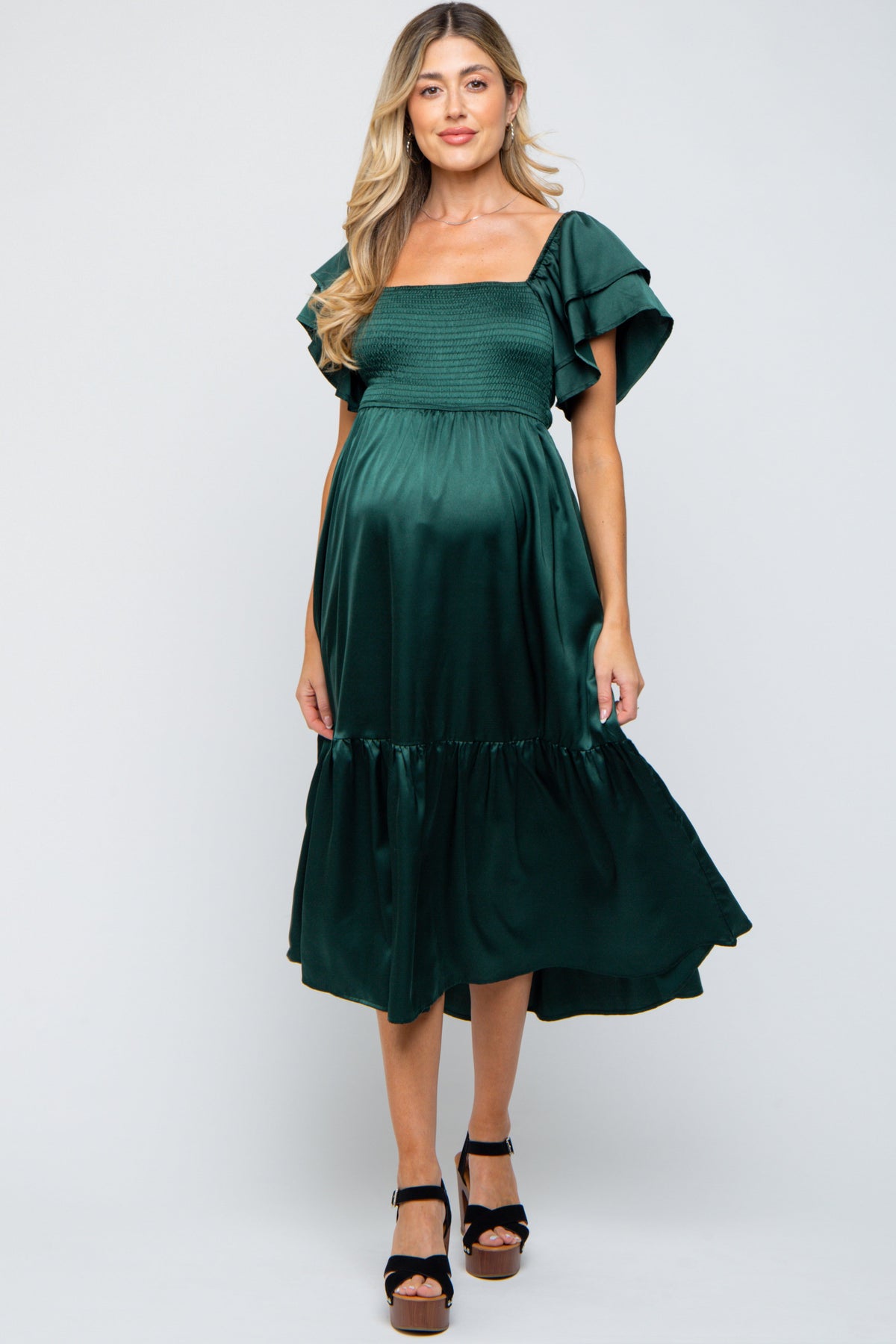 Forest Green Satin Flutter Sleeve Maternity Midi Dress by PinkBlush
