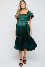 Forest Green Satin Flutter Sleeve Maternity Midi Dress by PinkBlush