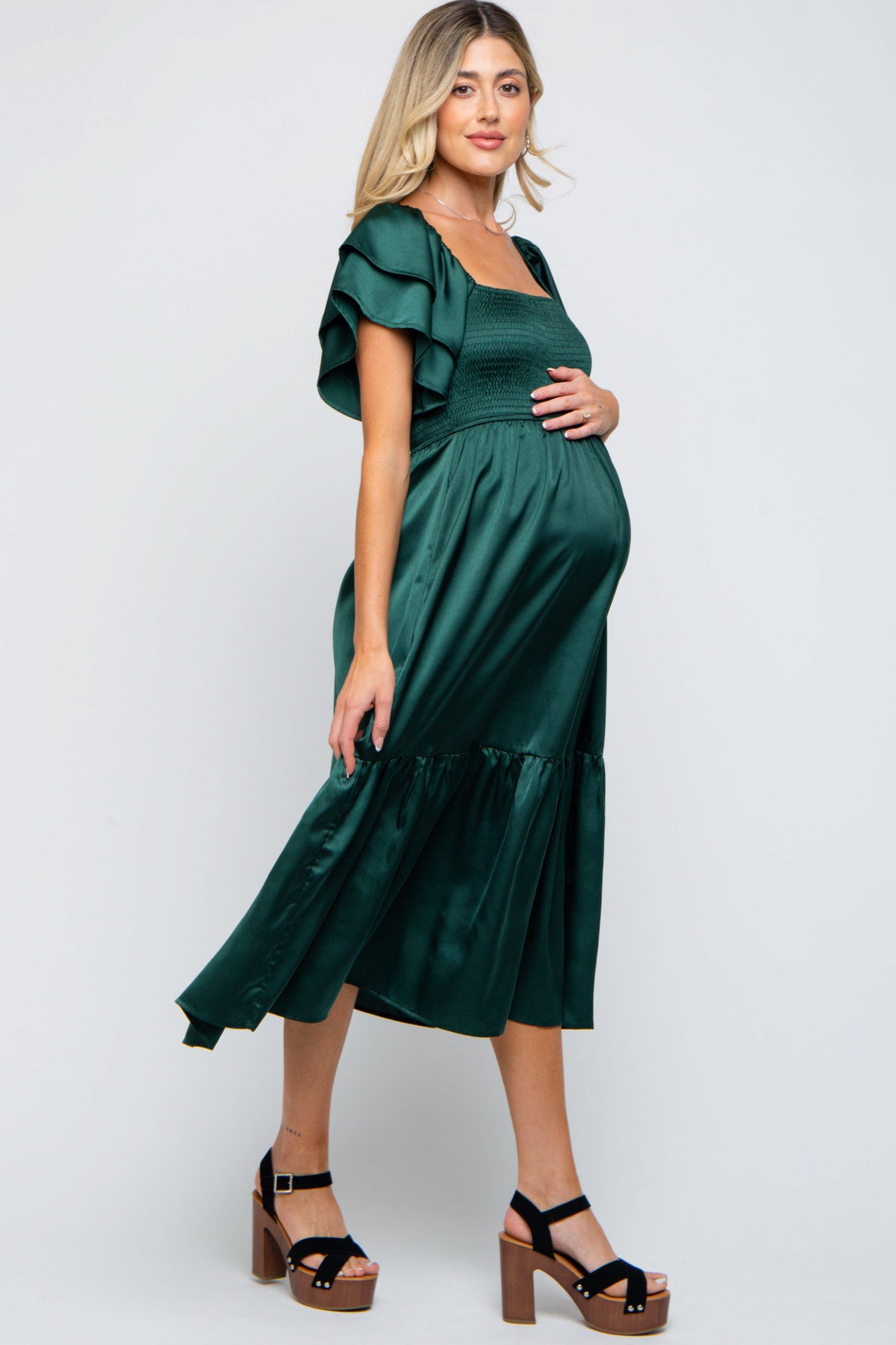 Forest Green Satin Flutter Sleeve Maternity Midi Dress by PinkBlush