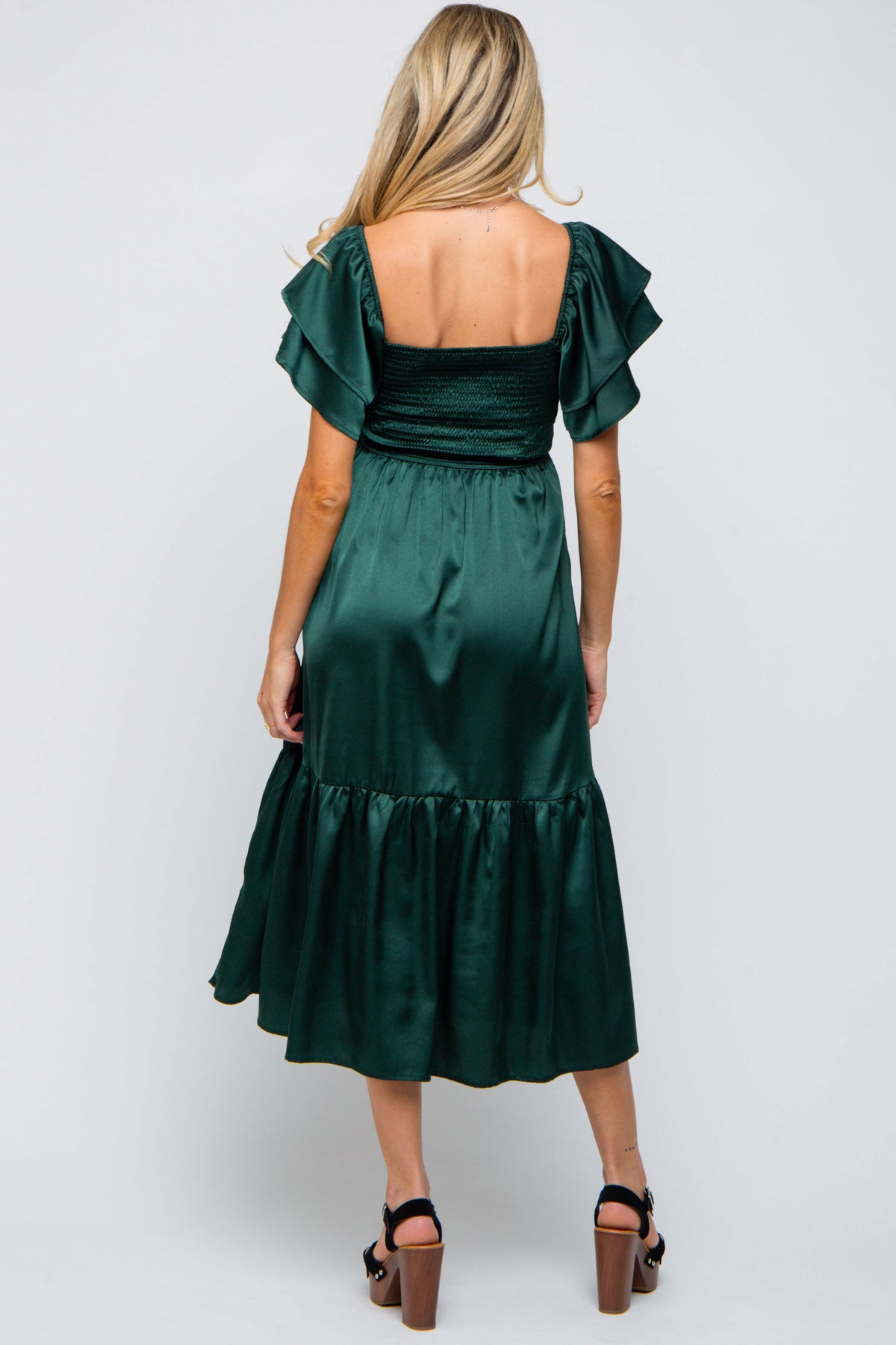 Forest Green Satin Flutter Sleeve Maternity Midi Dress by PinkBlush