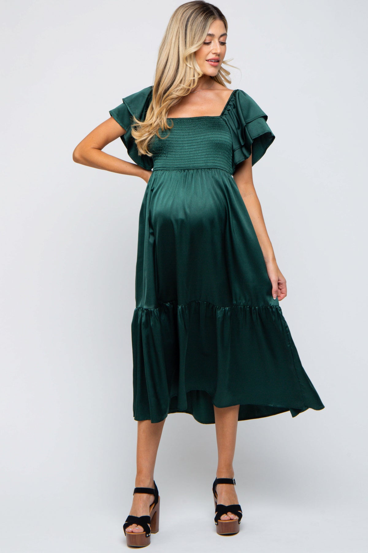 Forest Green Satin Flutter Sleeve Maternity Midi Dress by PinkBlush