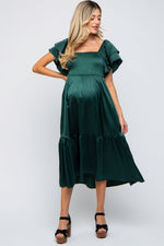 Forest Green Satin Flutter Sleeve Maternity Midi Dress by PinkBlush