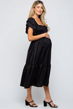 PinkBlush black satin flutter sleeve maternity midi dress