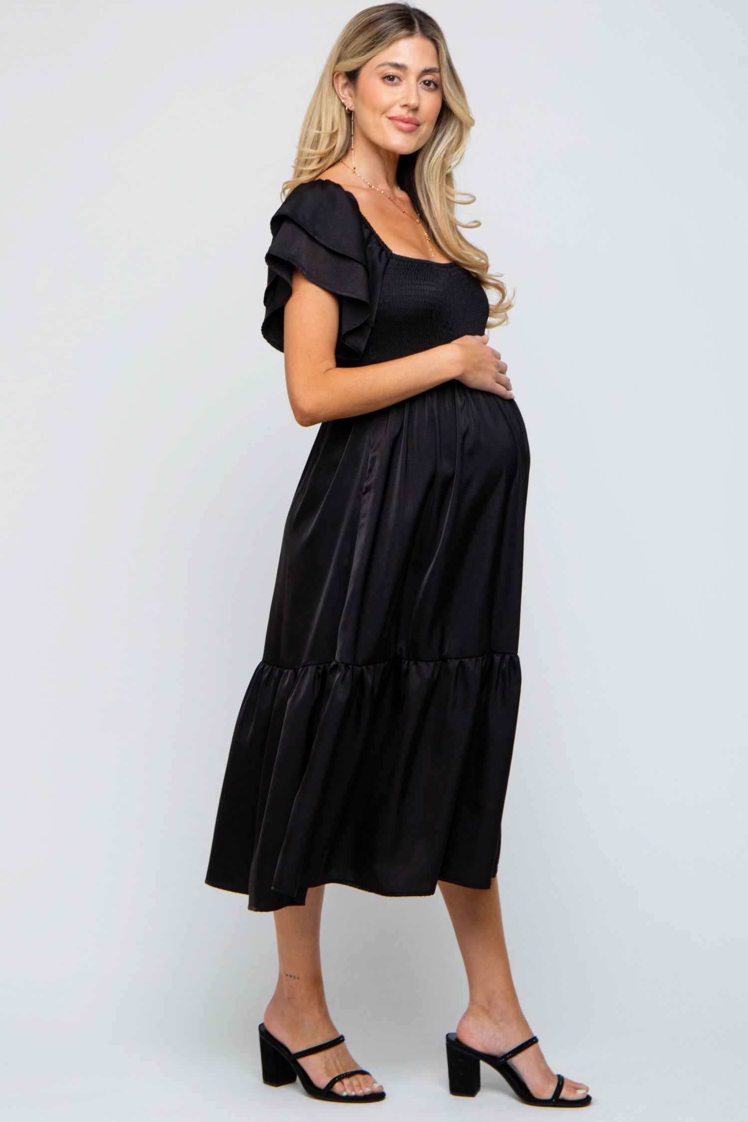 PinkBlush black satin flutter sleeve maternity midi dress