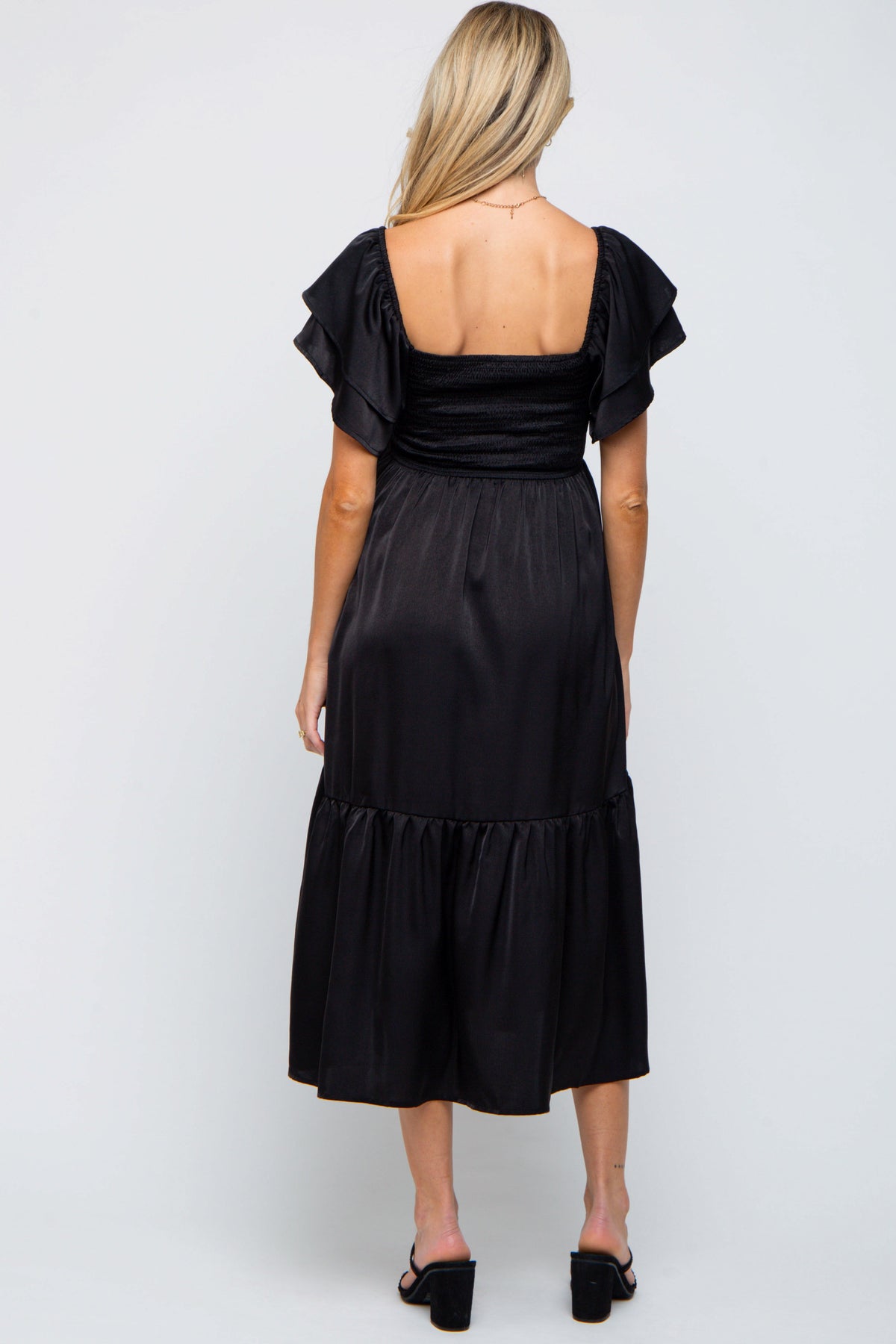 PinkBlush black satin flutter sleeve maternity midi dress.