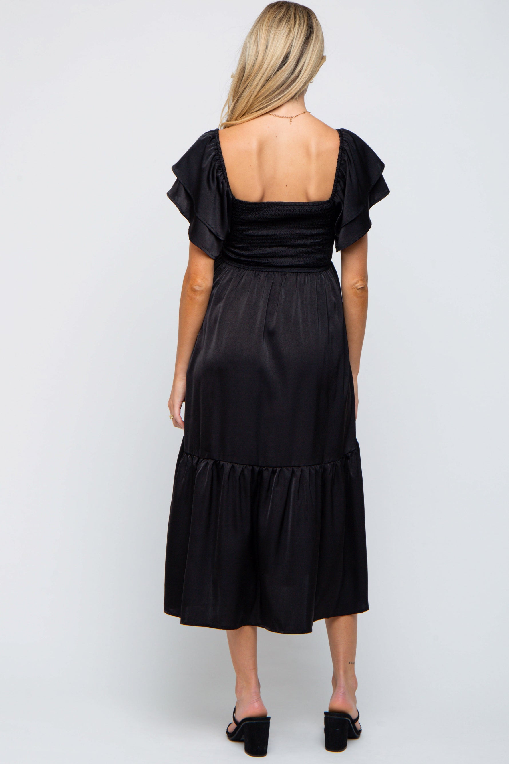 PinkBlush black satin flutter sleeve maternity midi dress.