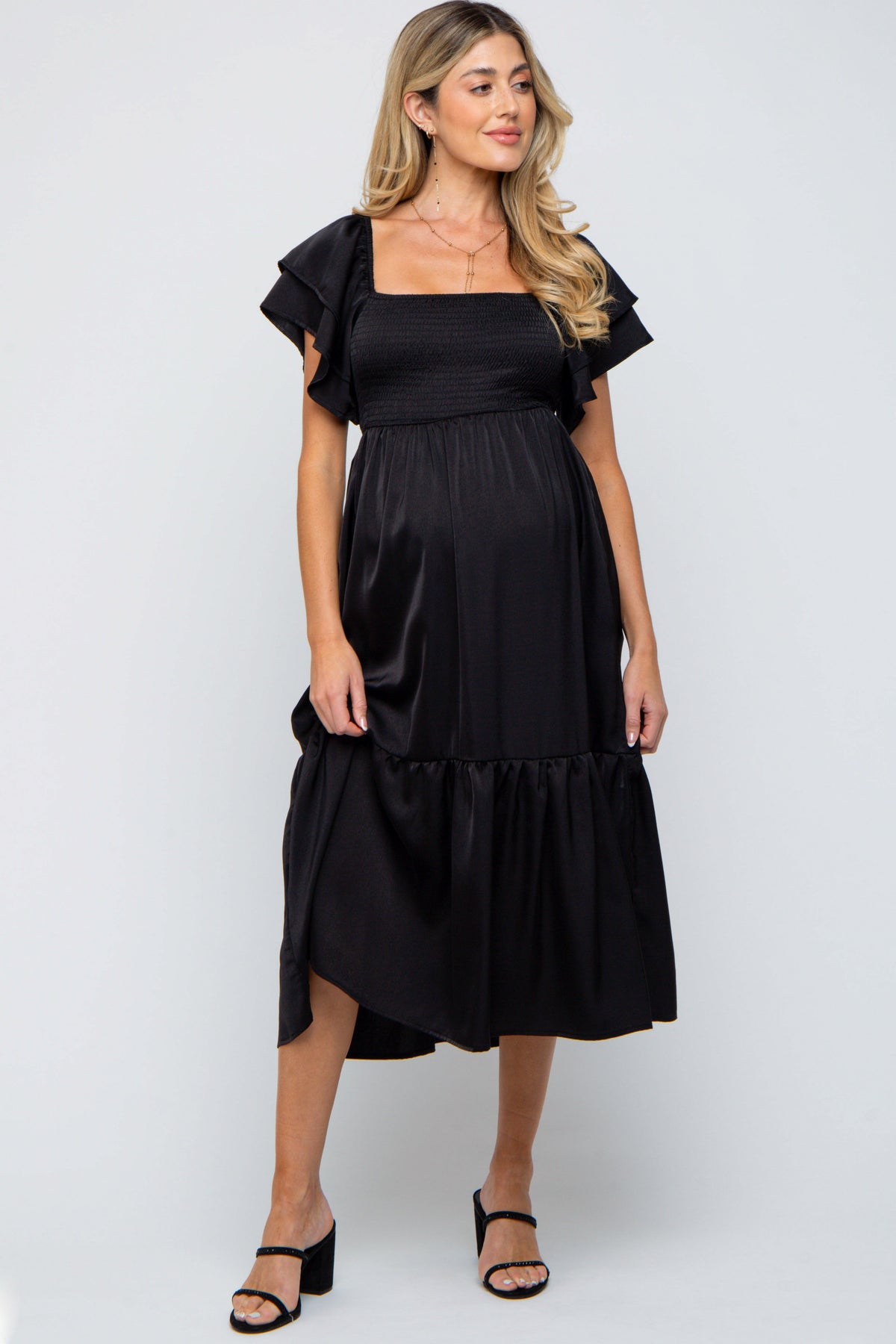 PinkBlush black satin flutter sleeve maternity midi dress.