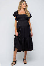 PinkBlush black satin flutter sleeve maternity midi dress.