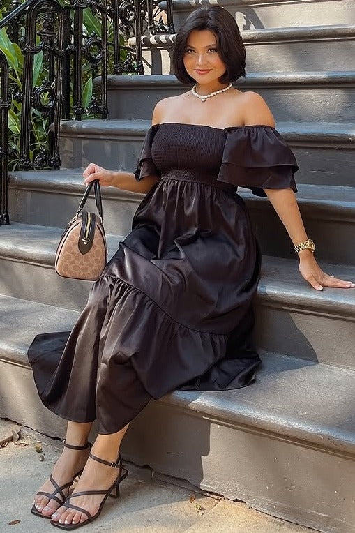 PinkBlush women's black satin flutter sleeve midi dress.