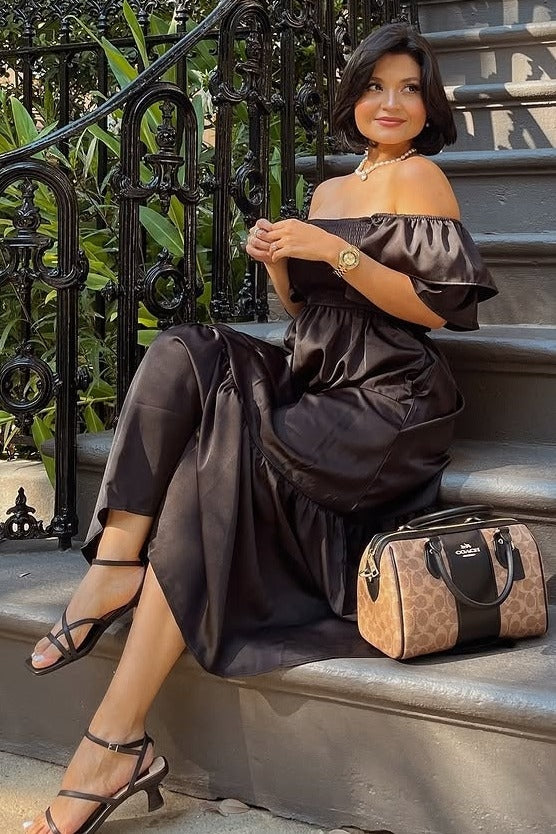 PinkBlush women's black satin flutter sleeve midi dress.