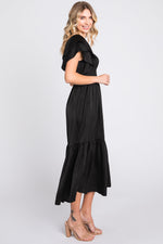 Women's PinkBlush black satin flutter sleeve midi dress.