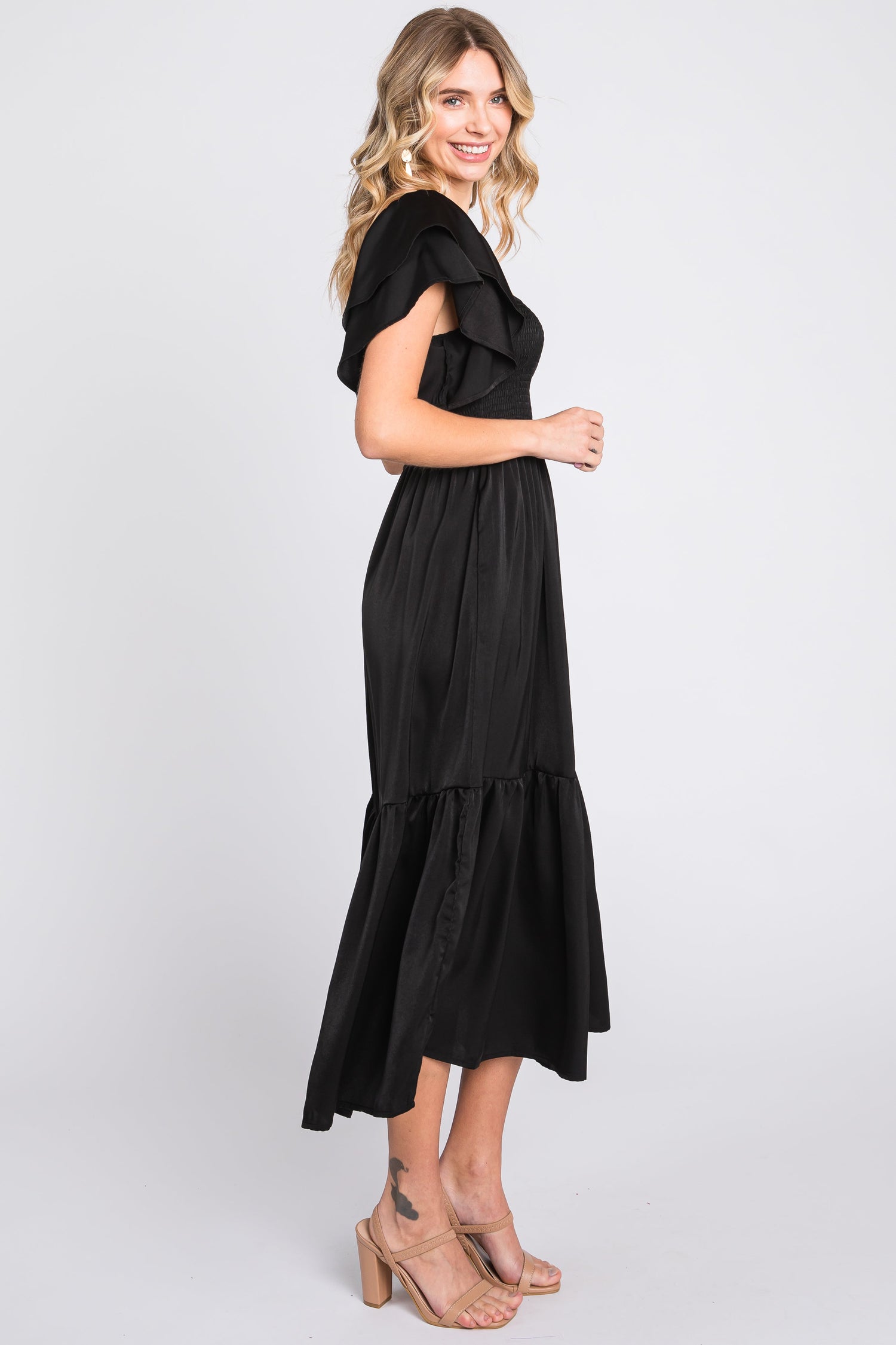 Women's PinkBlush black satin flutter sleeve midi dress.