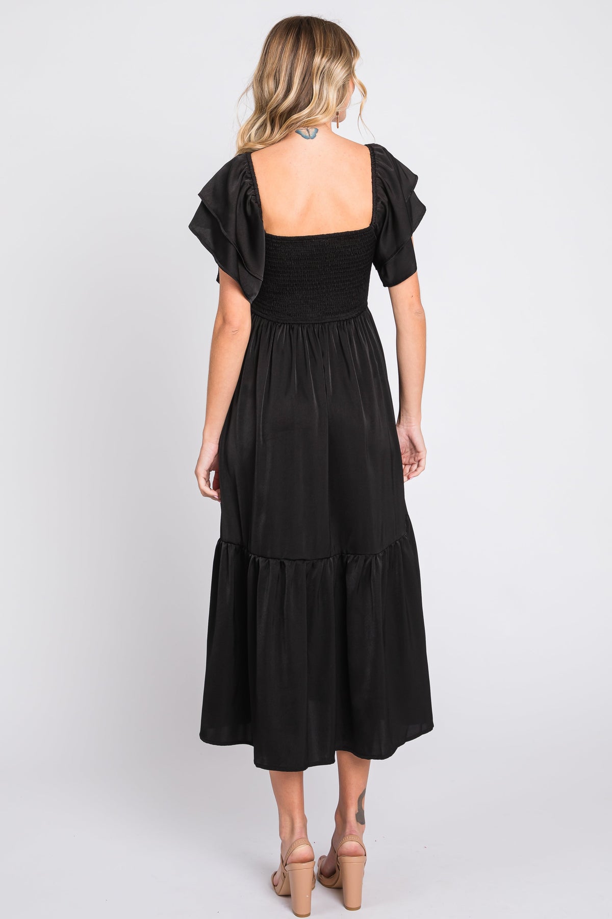 PinkBlush elegant black satin flutter sleeve midi dress.