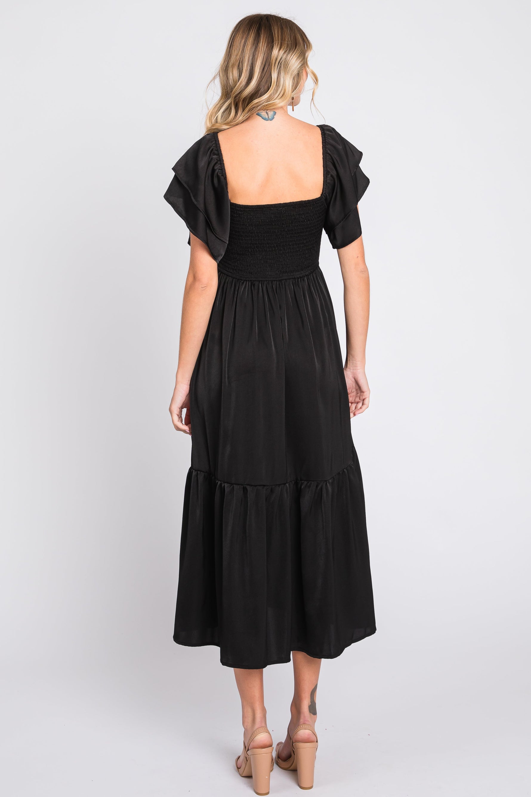PinkBlush elegant black satin flutter sleeve midi dress.