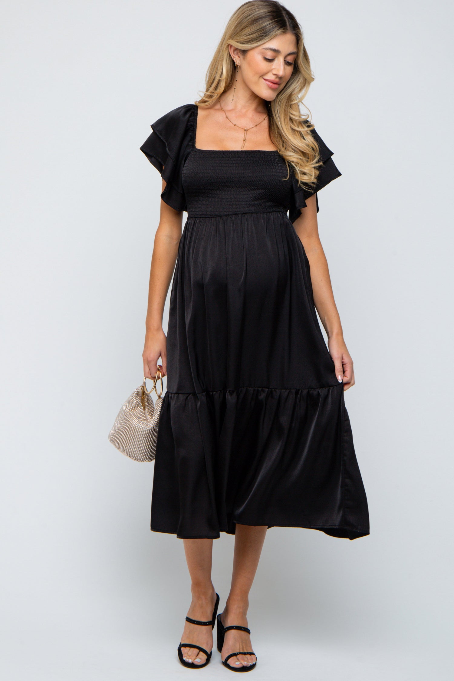 Black Satin Flutter Sleeve Maternity Midi Dress - Formal wear, Day Dress, Dress, One-piece garment, Beauty | Everetts Place