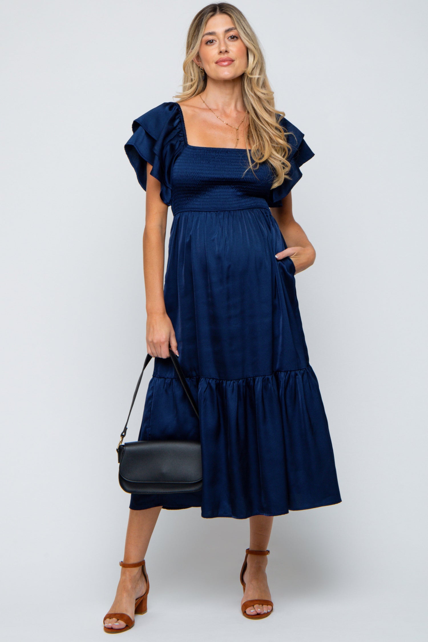 Navy Satin Flutter Sleeve Maternity Midi Dress by PinkBlush at Everetts Place