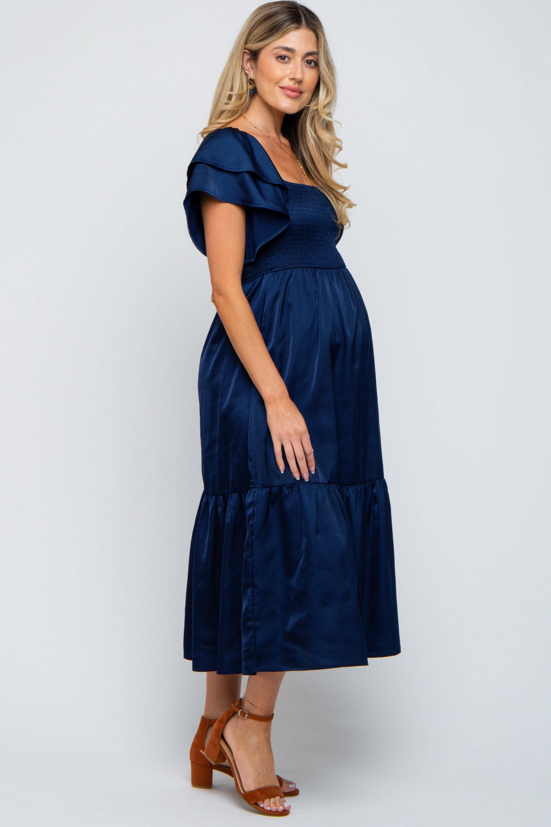 Navy Satin Flutter Sleeve Maternity Midi Dress by PinkBlush at Everetts Place