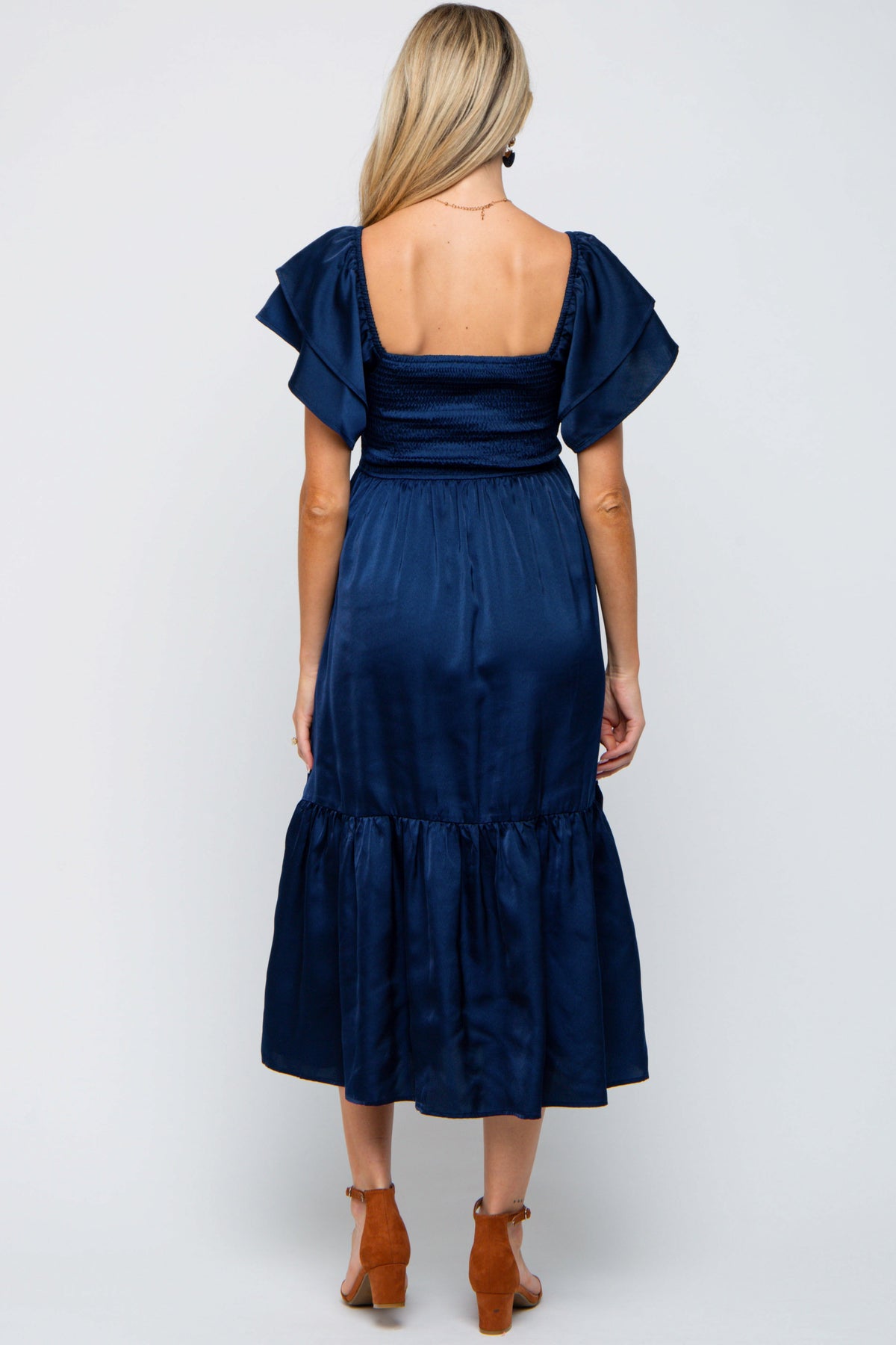 Navy Satin Flutter Sleeve Maternity Midi Dress by PinkBlush at Everetts Place