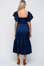 Navy Satin Flutter Sleeve Maternity Midi Dress by PinkBlush at Everetts Place