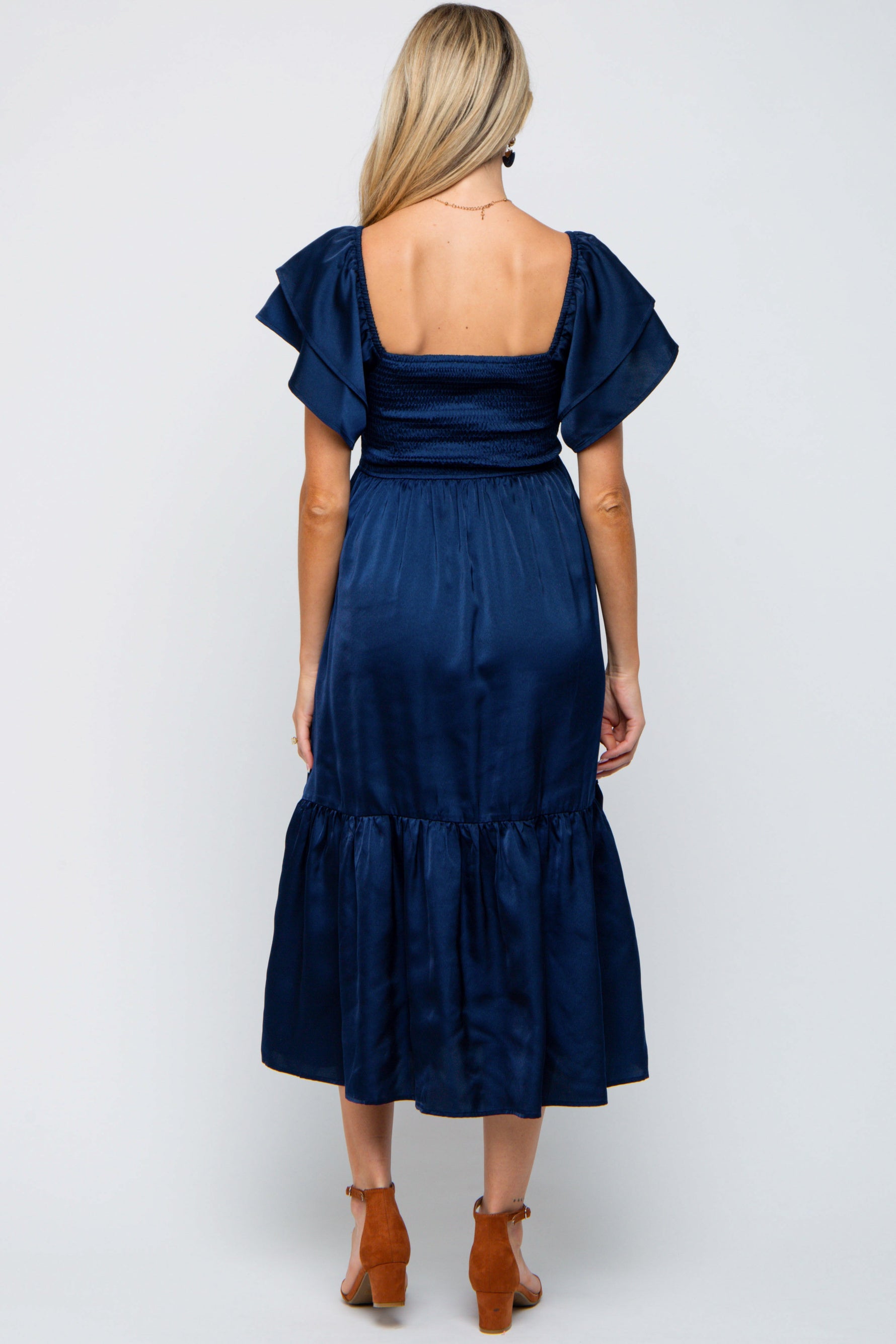 Navy Satin Flutter Sleeve Maternity Midi Dress by PinkBlush at Everetts Place