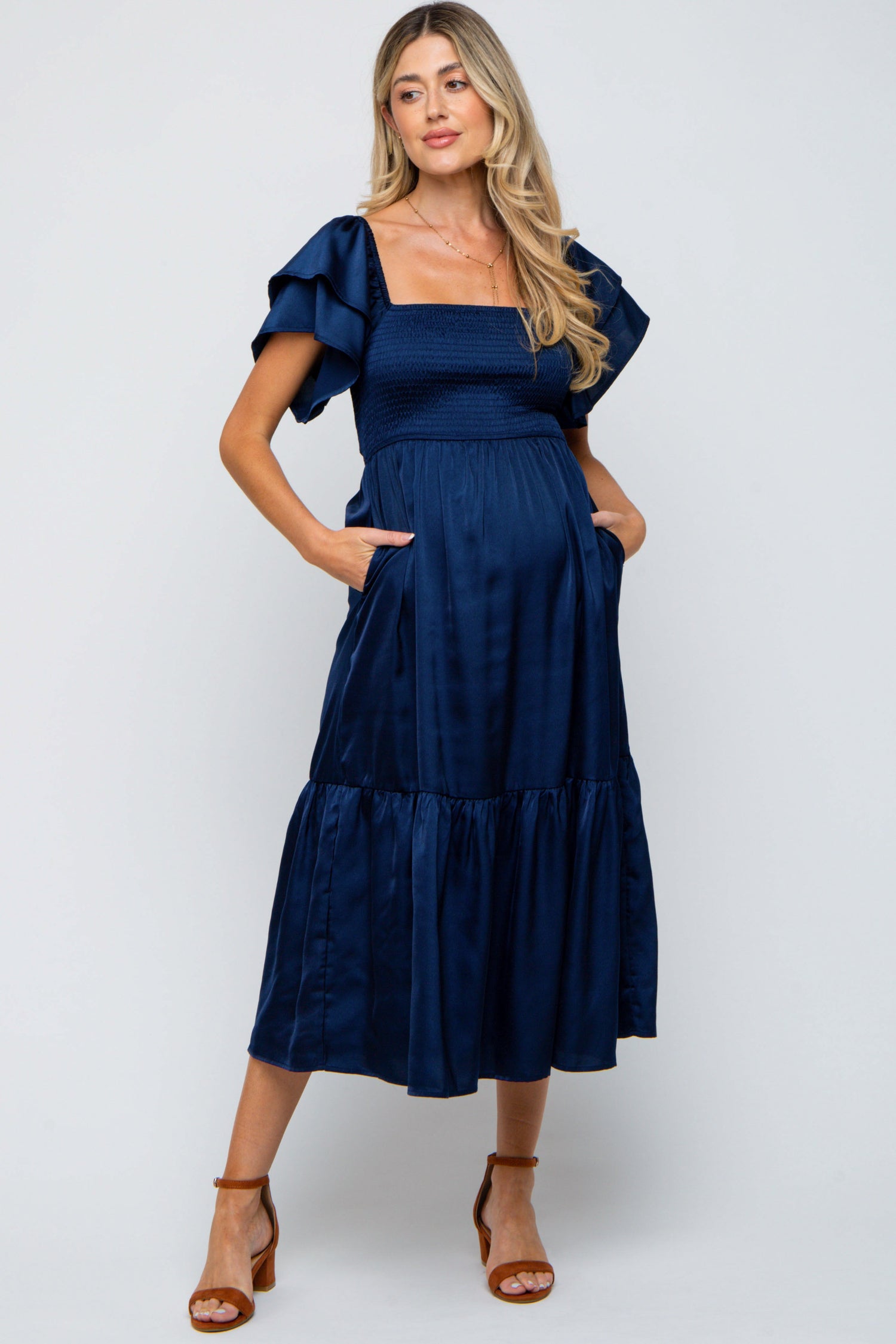 Navy Satin Flutter Sleeve Maternity Midi Dress by PinkBlush at Everetts Place