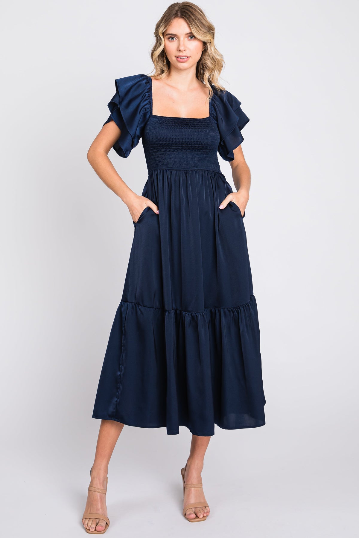 Navy Satin Flutter Sleeve Midi Dress by PinkBlush at Everetts Place