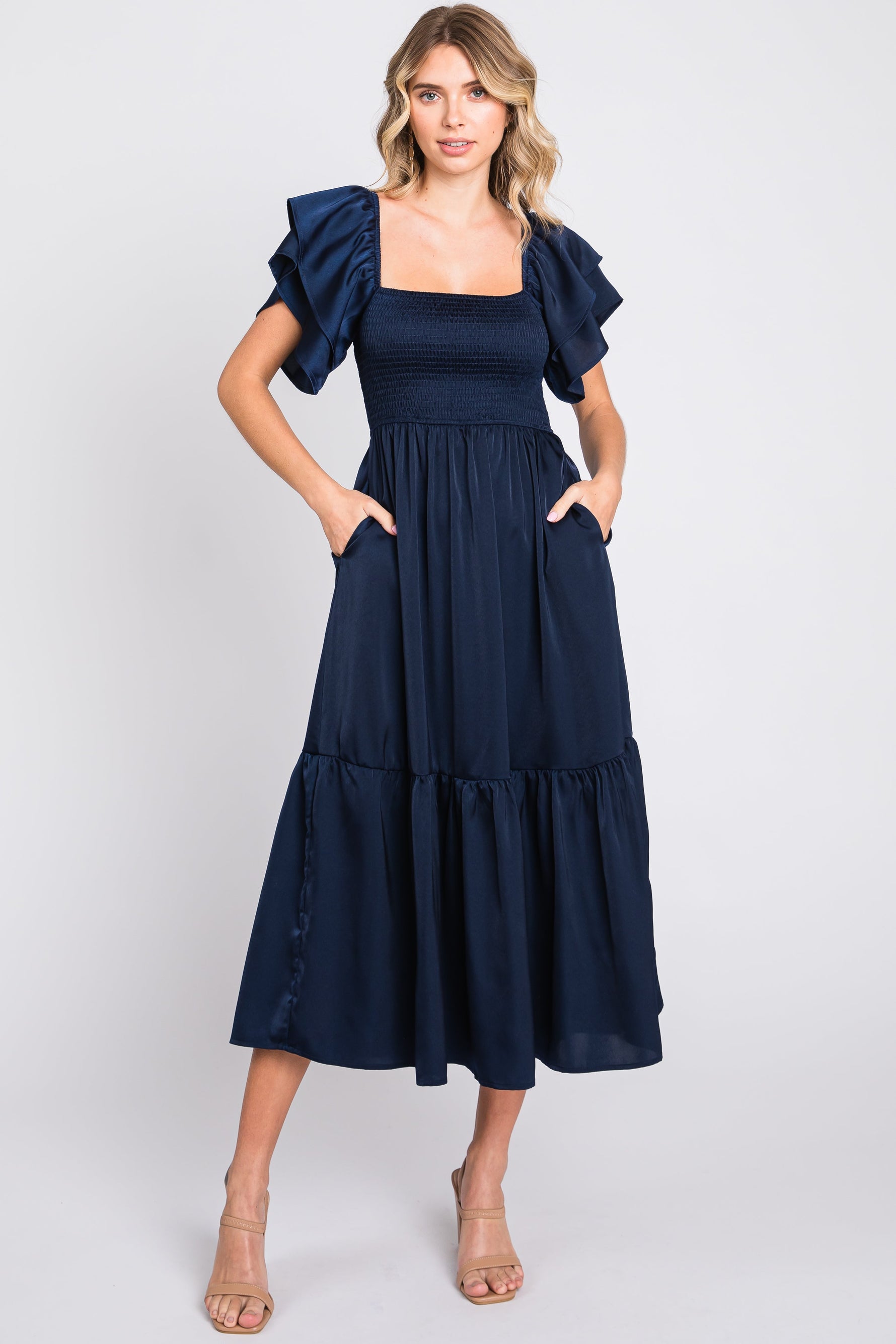 Navy Satin Flutter Sleeve Midi Dress by PinkBlush at Everetts Place