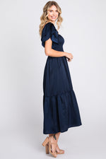Navy Satin Flutter Sleeve Midi Dress by PinkBlush at Everetts Place