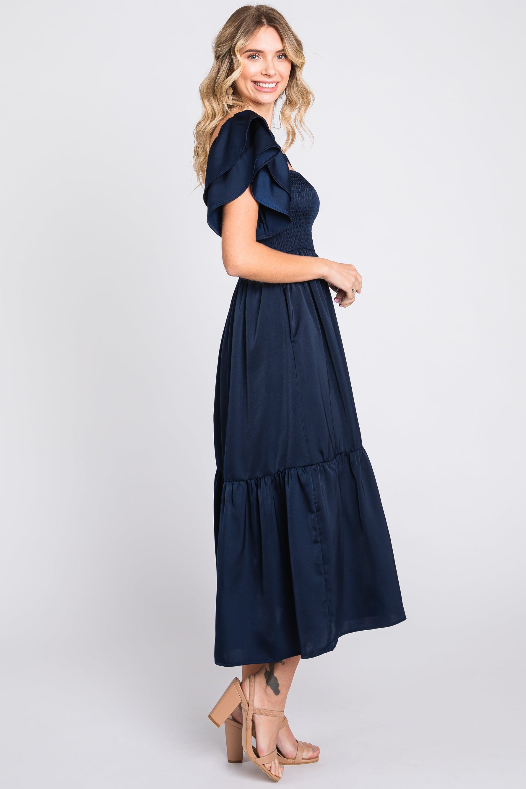 Navy Satin Flutter Sleeve Midi Dress by PinkBlush at Everetts Place