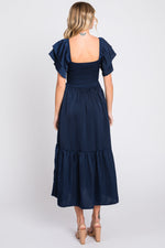 Navy Satin Flutter Sleeve Midi Dress by PinkBlush at Everetts Place