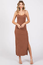 PinkBlush Camel Ribbed Sleeveless Maternity Dress with Side Slit for Expecting Mothers - Apparel & Accessories > Clothing > Dresses