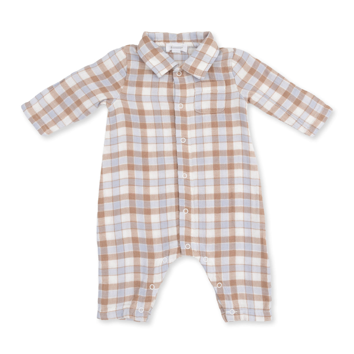 Long sleeve baby romper in western plaid with polo collar and full button placket