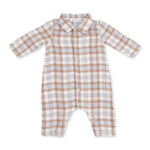 Long sleeve baby romper in western plaid with polo collar and full button placket