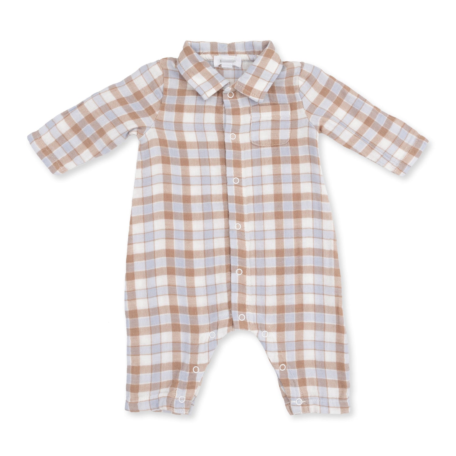 Long sleeve baby romper in western plaid with polo collar and full button placket