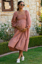 Rust Gingham Long Sleeve Maternity Midi Dress by PinkBlush (view 1 of 13)