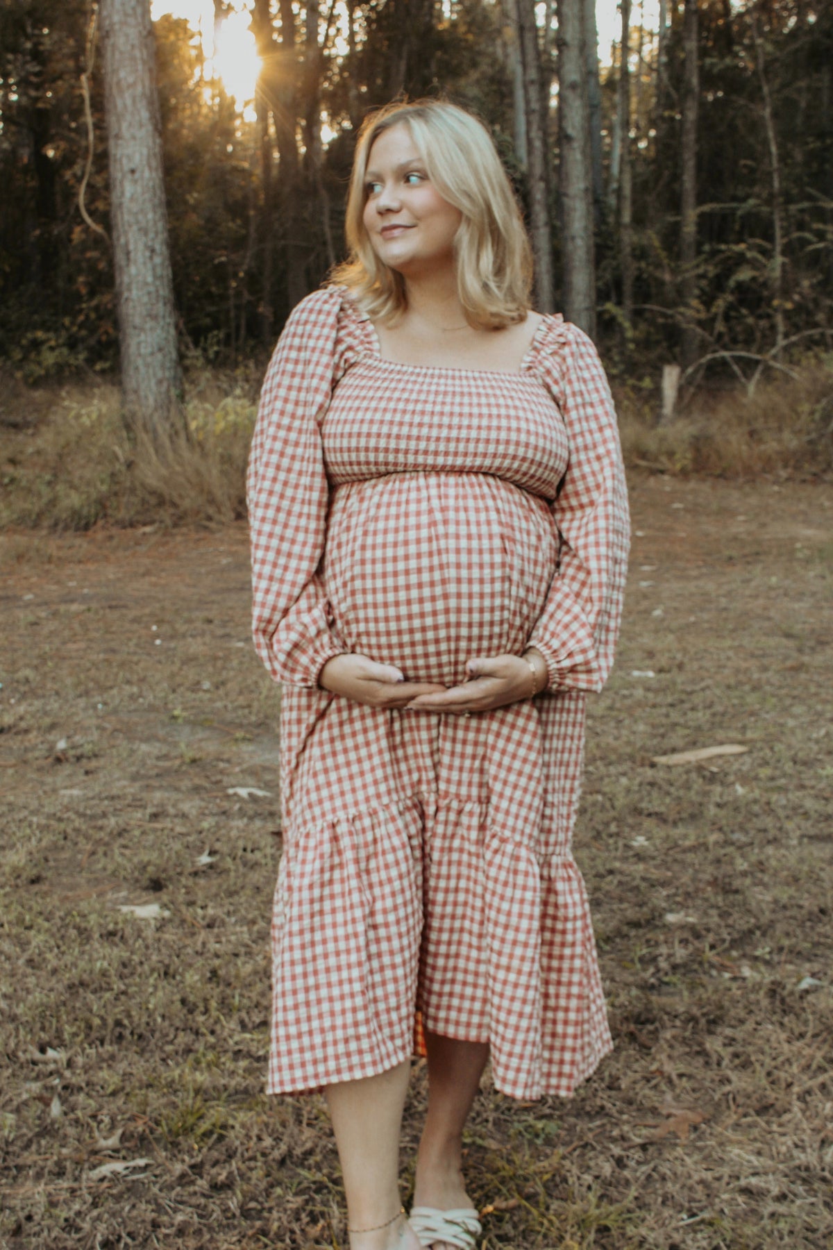 Rust Gingham Long Sleeve Maternity Midi Dress by PinkBlush (view 6 of 13)