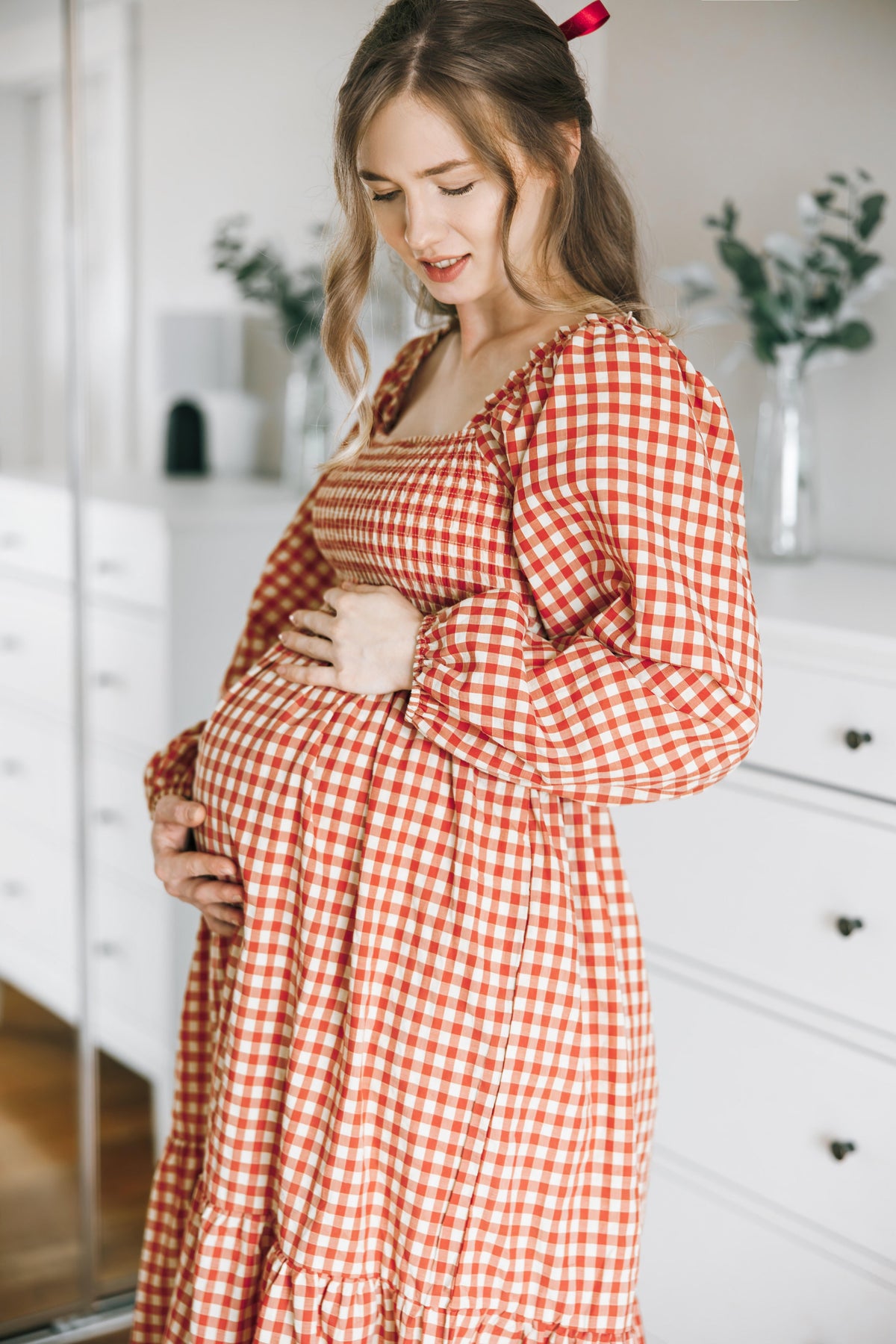 Rust Gingham Long Sleeve Maternity Midi Dress by PinkBlush (view 5 of 13)