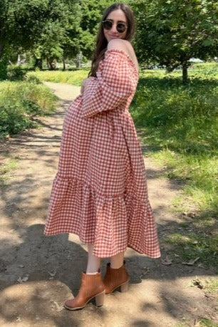 Rust Gingham Long Sleeve Maternity Midi Dress by PinkBlush (view 7 of 13)